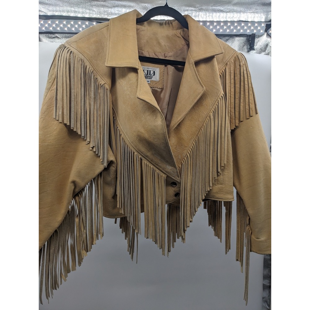 Vintage 80s Dan Design LA Fringe Leather Jacket Cropped Western Distressed M